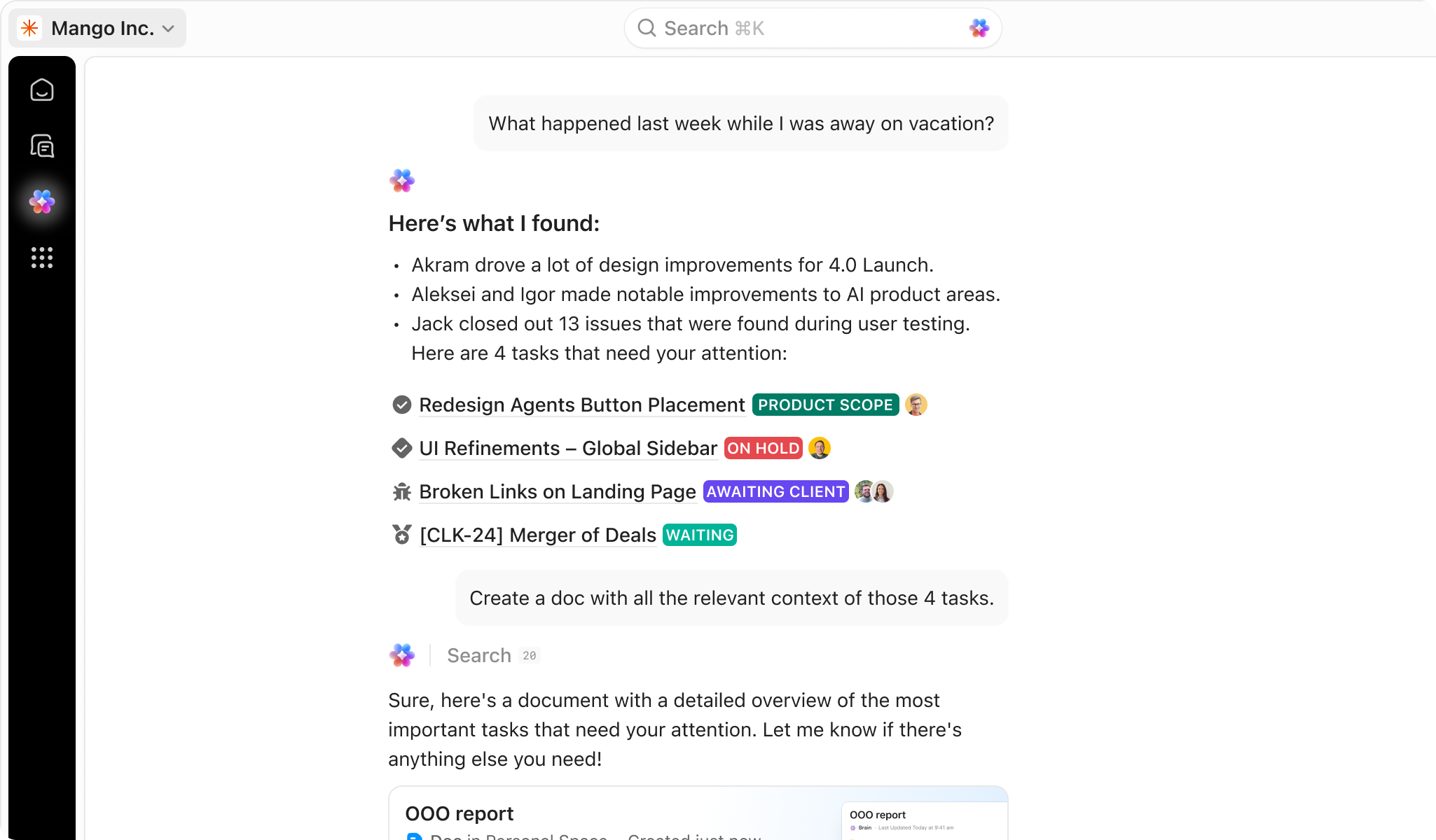 ClickUp Brain AI answering a question inside the workspace