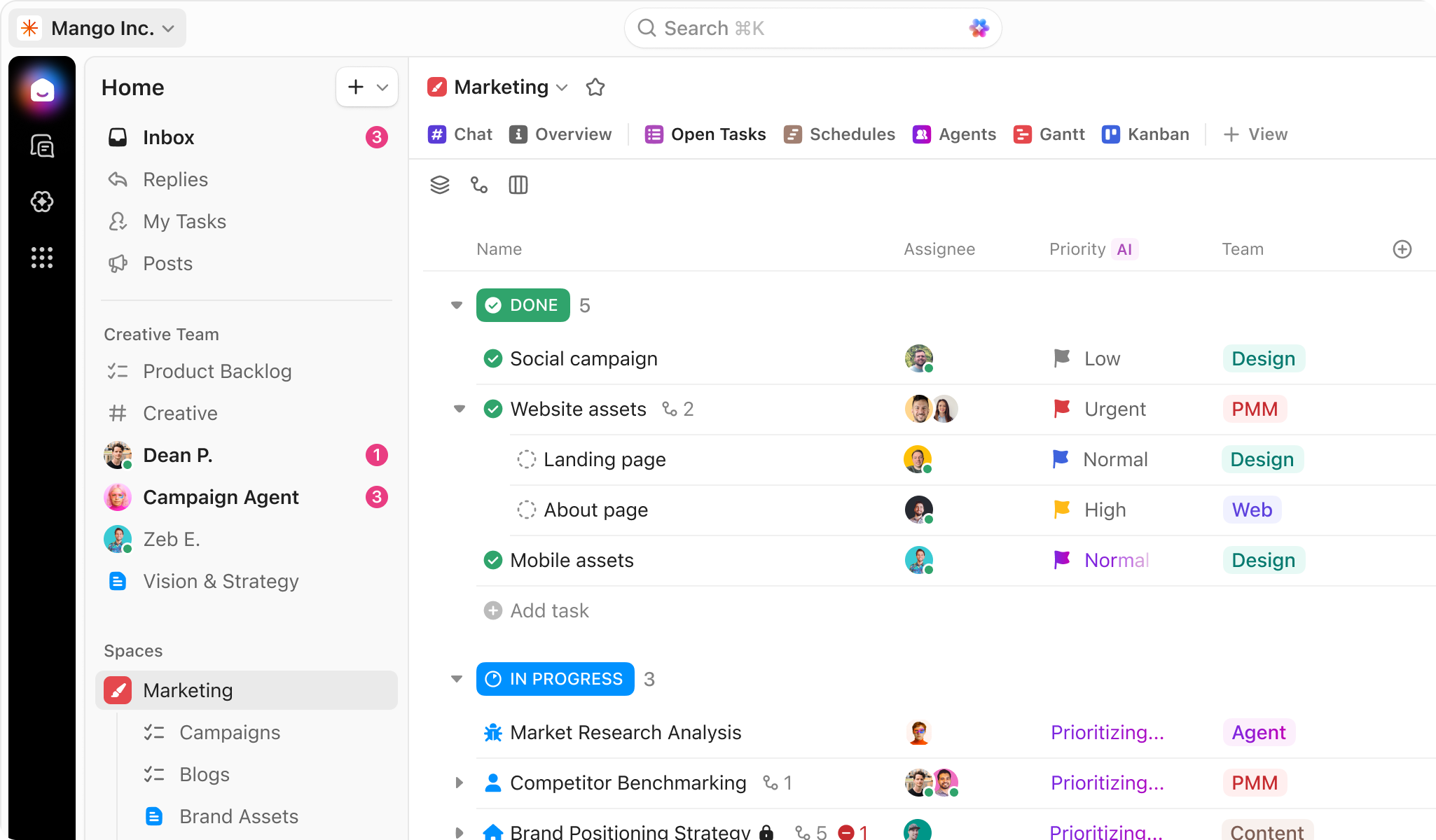 ClickUp task list view with projects, assignees, priorities and views