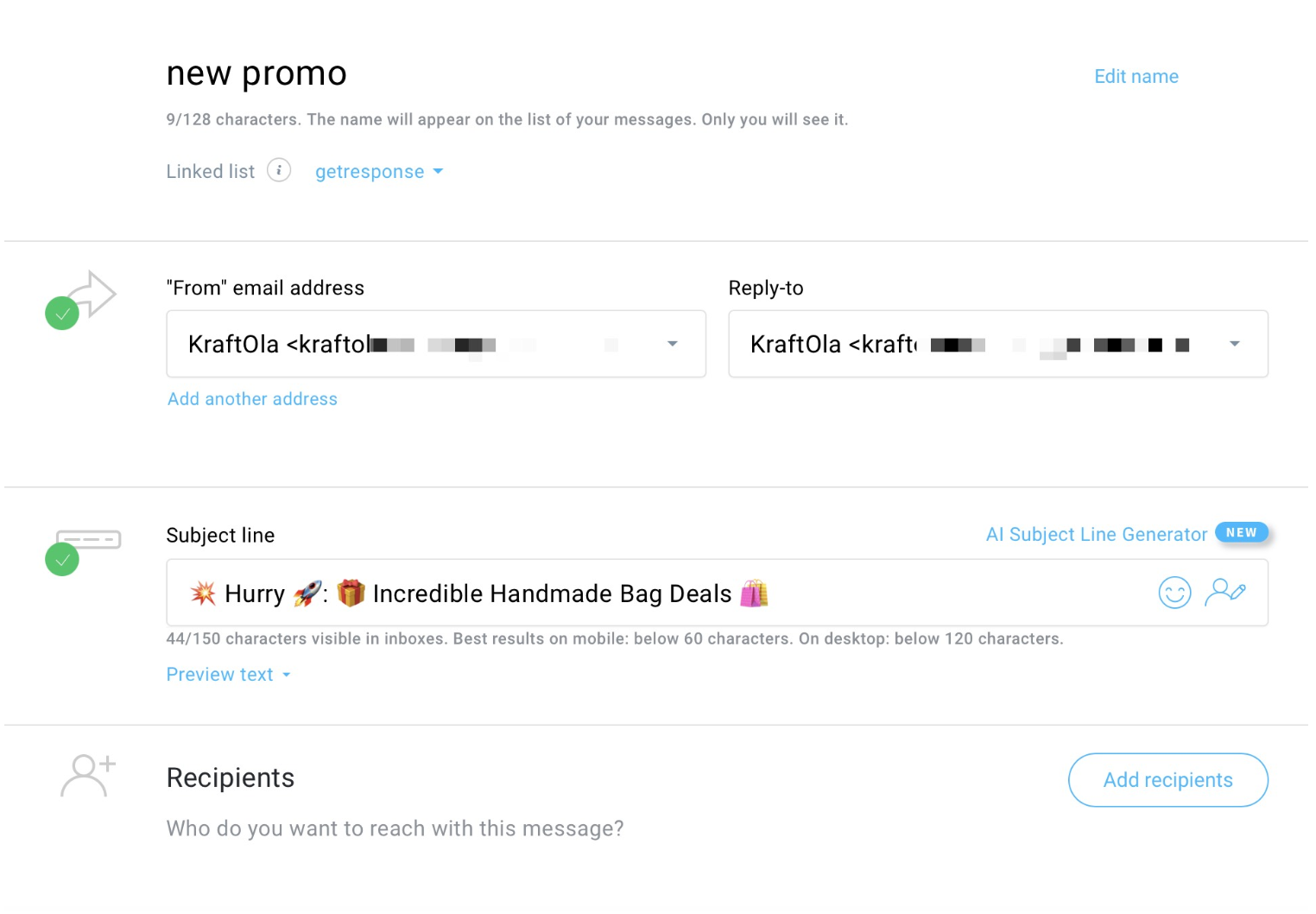 GetResponse newsletter setup screen with subject line and recipients