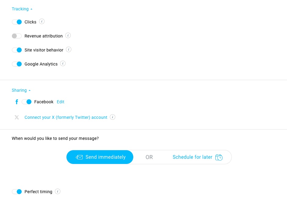 GetResponse send options with schedule for later and perfect timing