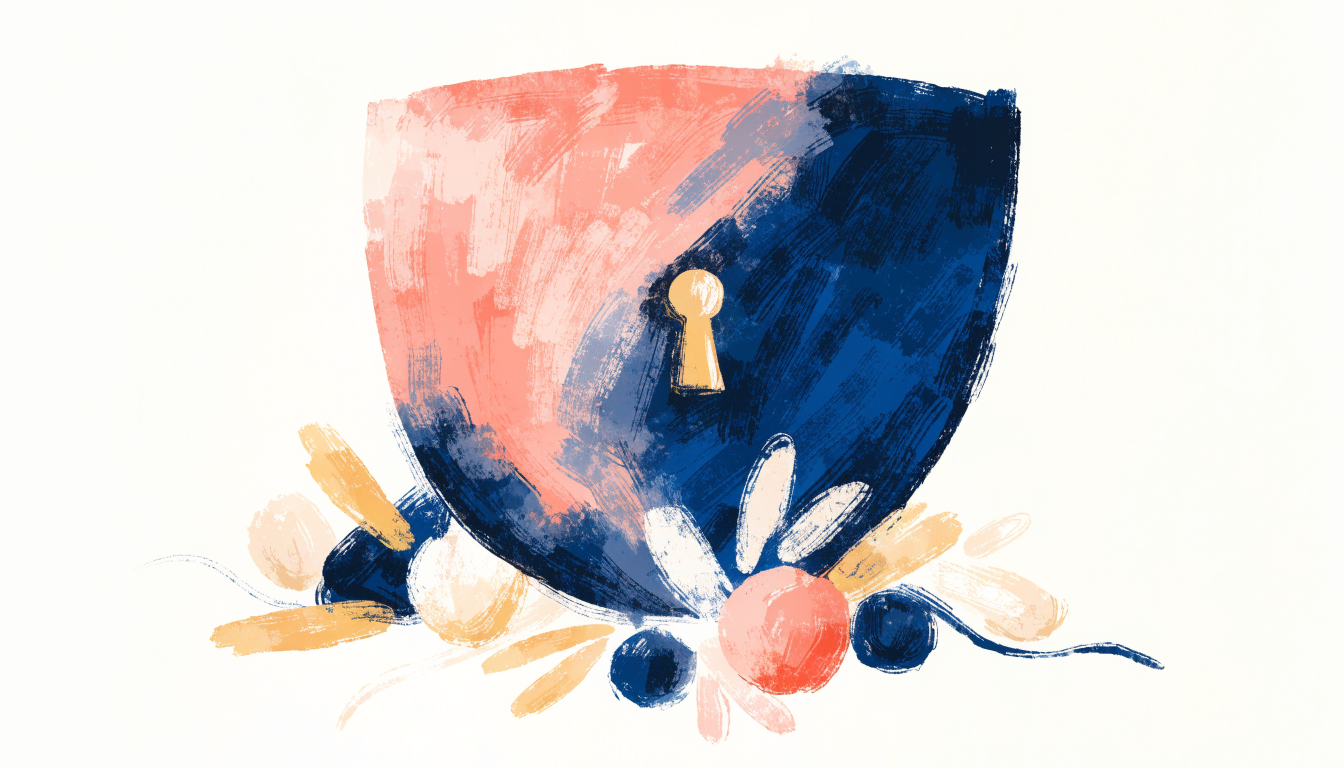 Watercolour illustration in coral, navy and gold of a rounded shield with a golden keyhole sheltering small precious objects