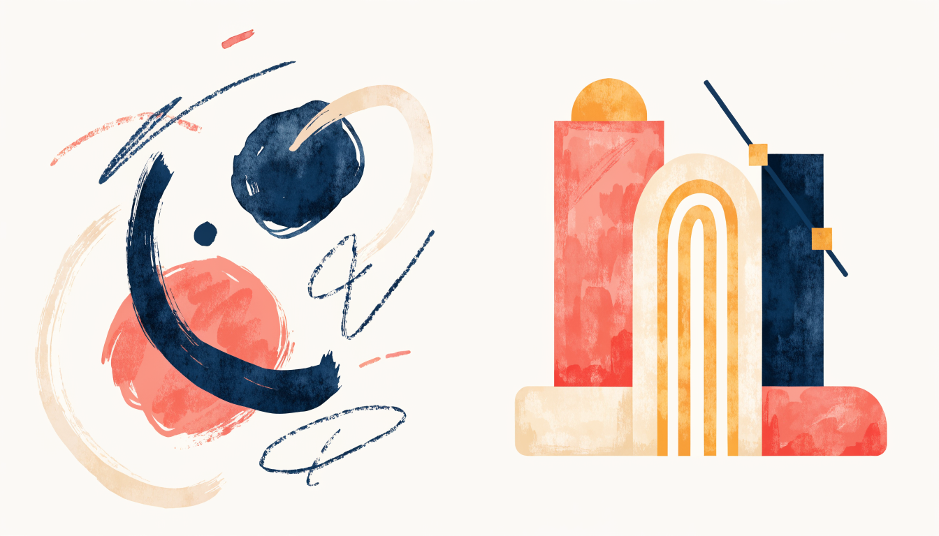 Watercolour illustration in coral, navy and gold of a rough scribble transforming into a refined geometric design
