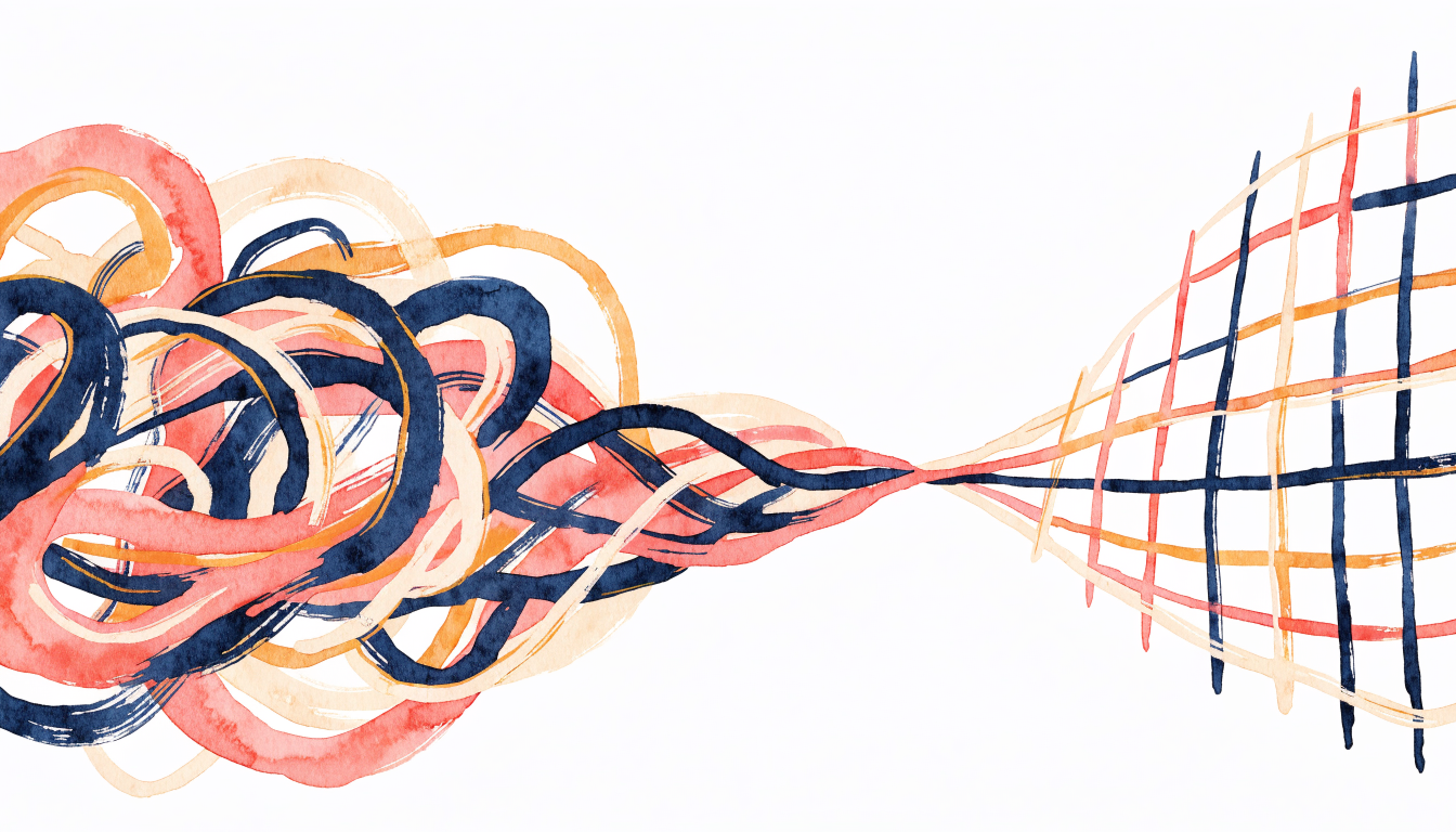 Watercolour illustration in coral, navy and gold of a tangled thread resolving into a neat orderly grid
