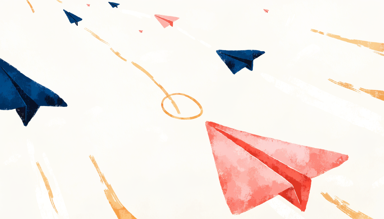 Watercolour illustration in coral, navy and gold of paper planes flying out and one returning on a golden looping path