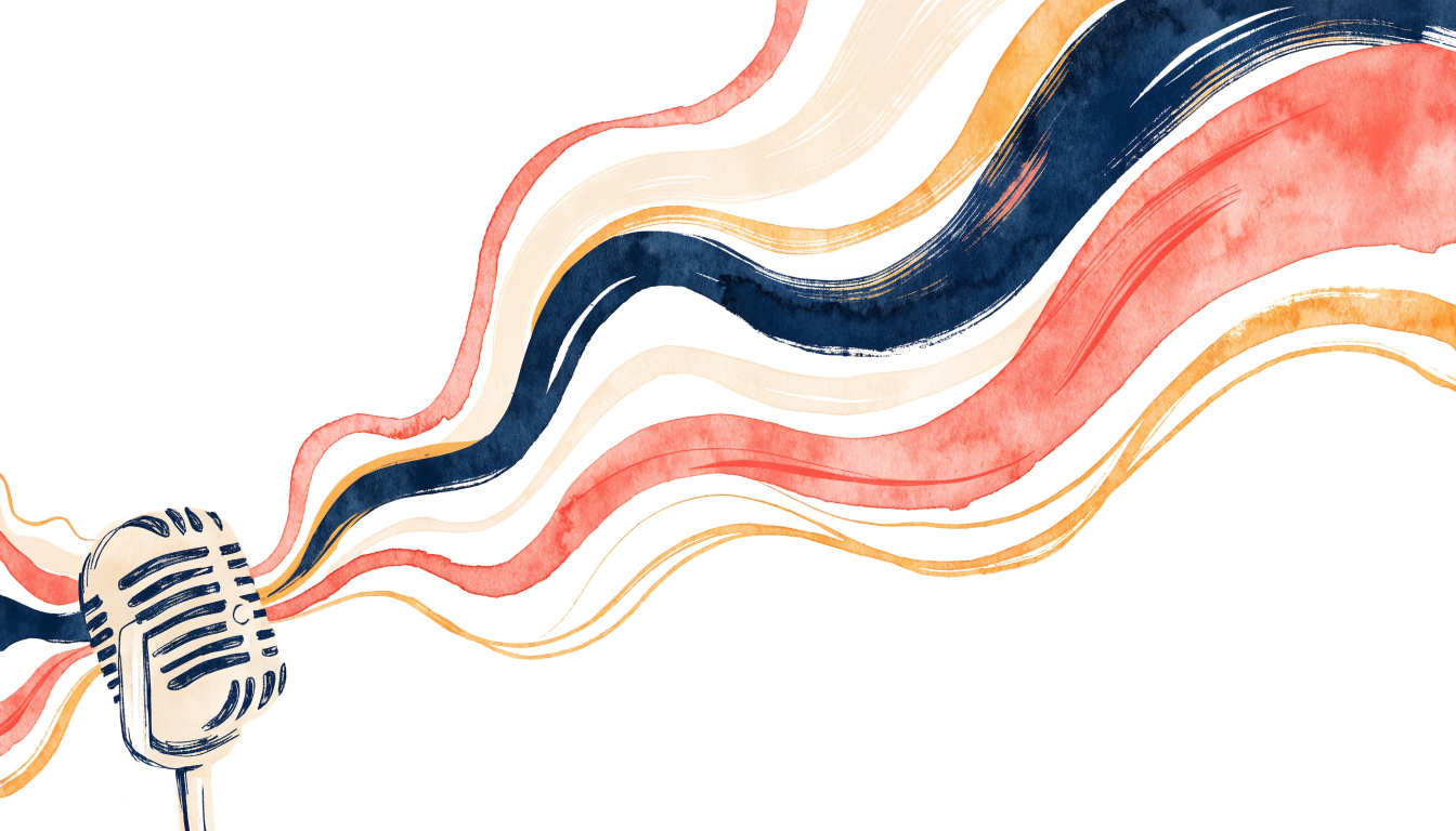 Watercolour illustration in coral, navy and gold of warm sound waves flowing from a vintage microphone