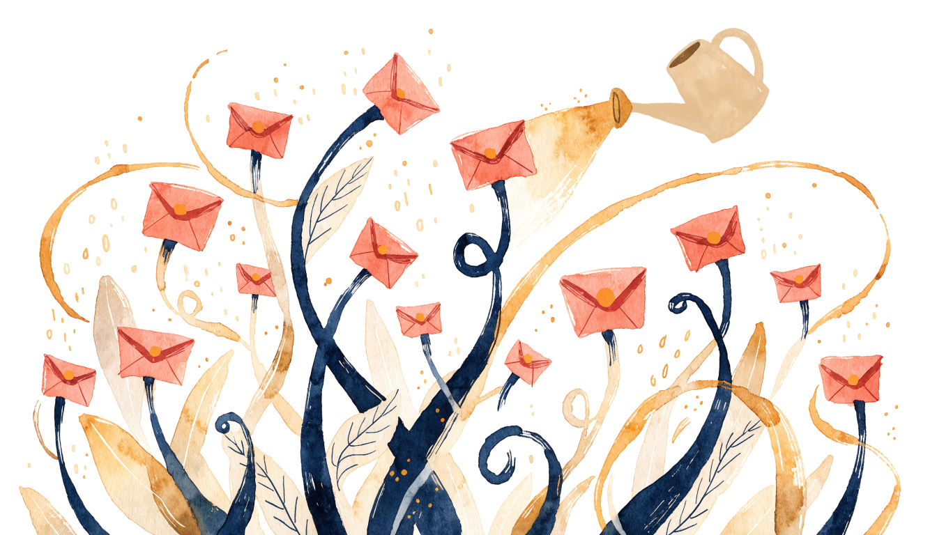 Watercolour illustration in coral, navy and gold of envelope shaped flowers being watered with golden light