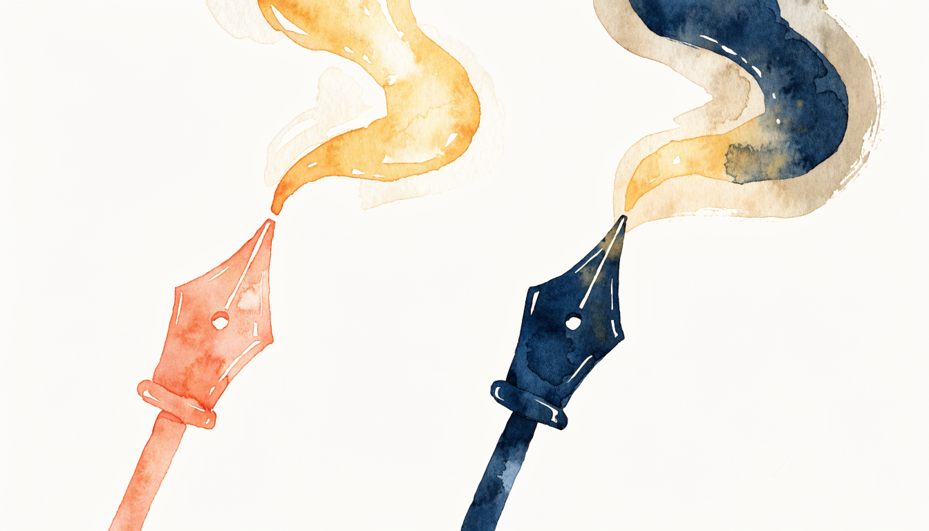Watercolour illustration in coral, navy and gold of two fountain pen nibs with flowing ink, one stream glowing gold