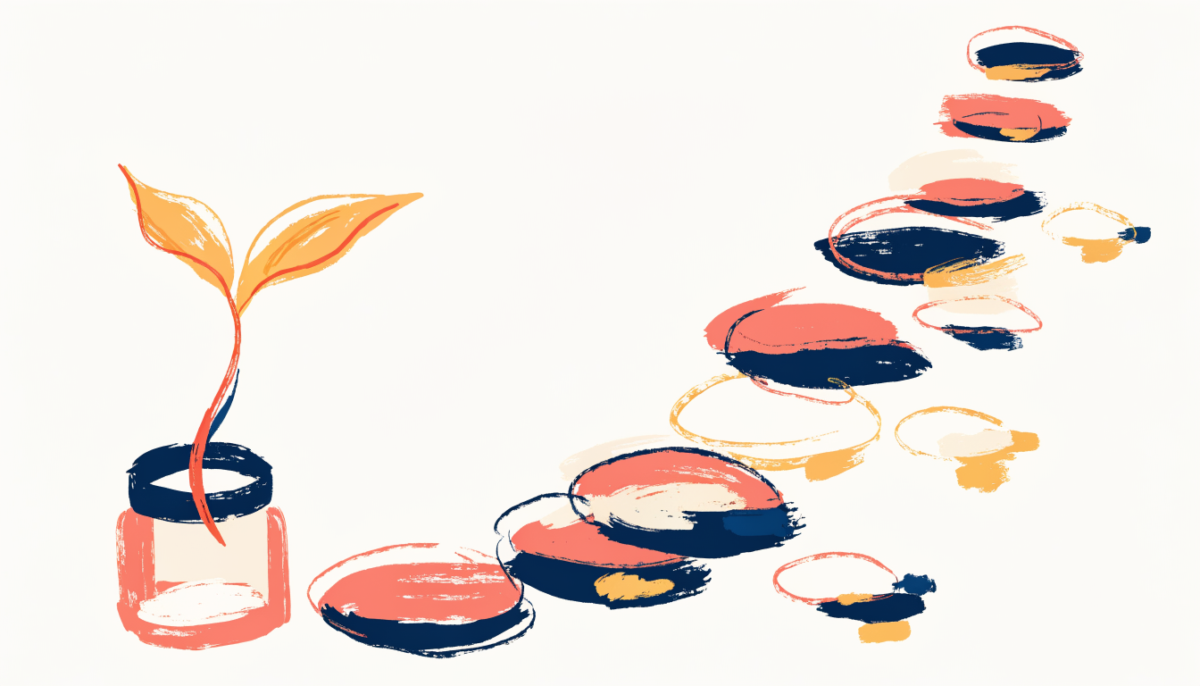 Watercolour illustration in coral, navy and gold of a sprout growing from an open jar beside rising stepping stones