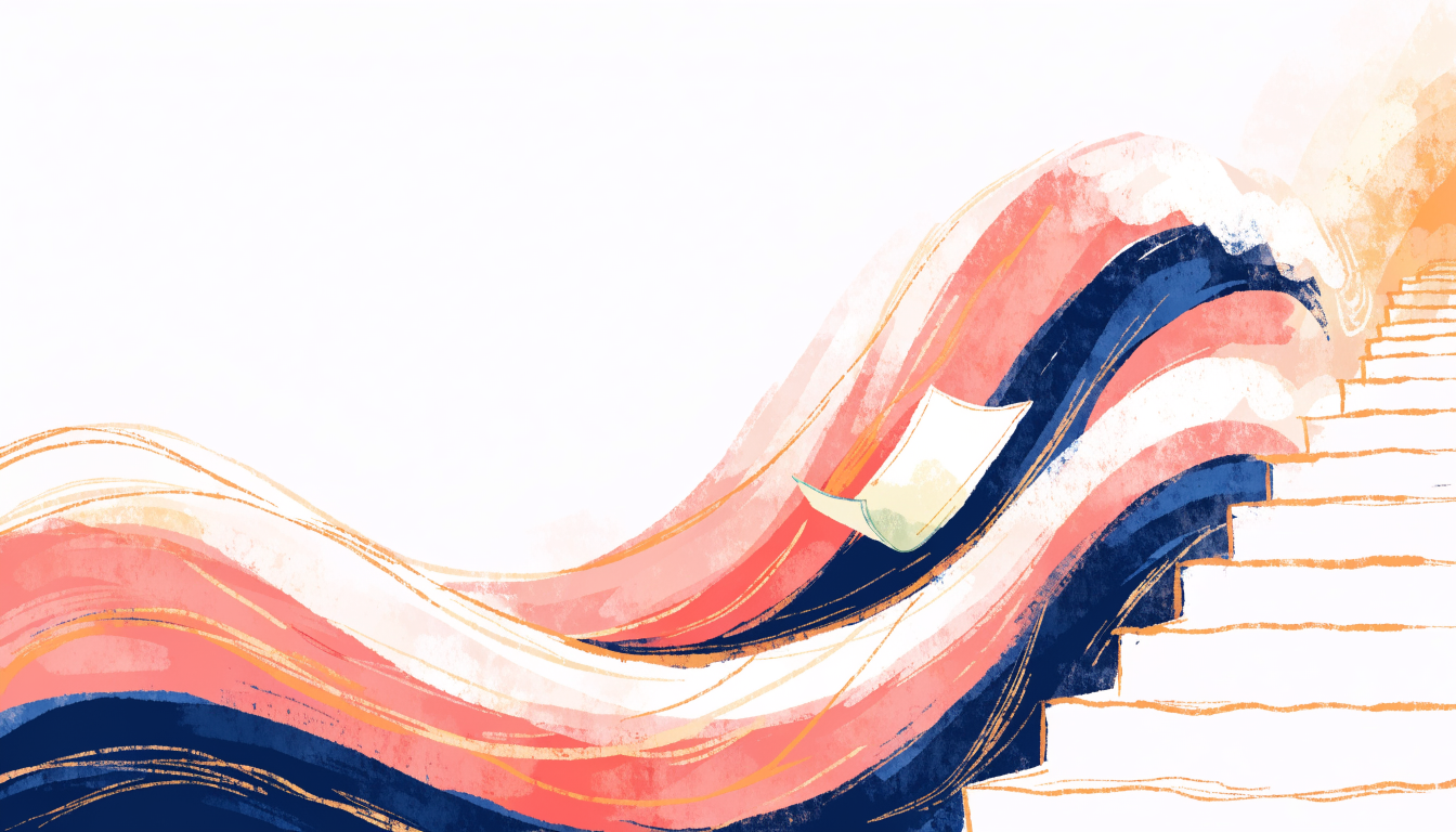 Watercolour illustration in coral, navy and gold of a rising wave carrying a page up a staircase toward a golden peak