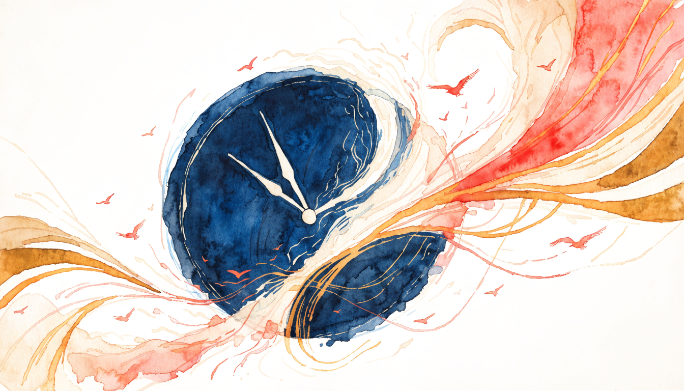 Watercolour illustration in coral, navy and gold of a clock dissolving into golden ribbons and small birds